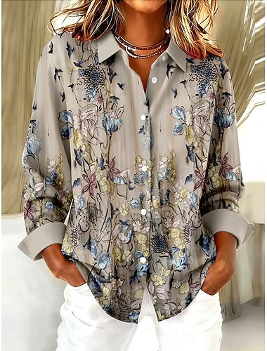  בגדי ריקוד נשים חולצה פרחוני גראפי וינטאג' יום יומי שרוול ארוך צווארון חולצה חולצות רגילות יומי טלאים כפתורים דפוס אודם חאקי קיץ אביב סתיו חורף