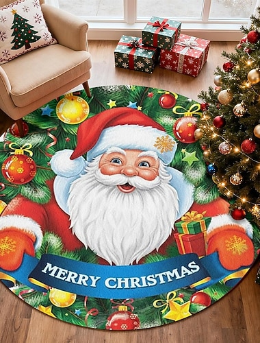  Weihnachtsmann Rundbereich Teppich für Wohnzimmer und Schlafzimmer Faux Kaschmir Weihnachten Feiertags Teppich Weich Rutschfest Maschinenwaschbar Teppich Festliche dekorative Fußmatte 4ft