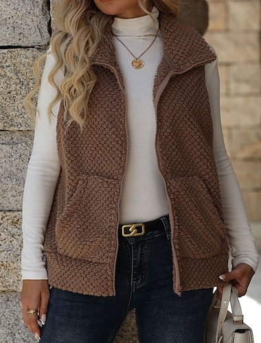 Damen Wintermantel Fleeceweste Weste Warm Bequem Patchwork Reißverschluss Tasche Mode Lässig Einfarbig Urlaub Straße Lässig Alltagskleidung Regulär Umlegekragen Normale Passform Ärmellos