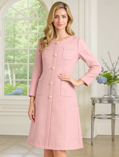  Linjeform Knelengde Festkjole Cocktail Kjole Langermet Crew-hals Elegant Årgang Fest Formell Polyester Kjole til brudens mor med Knapper