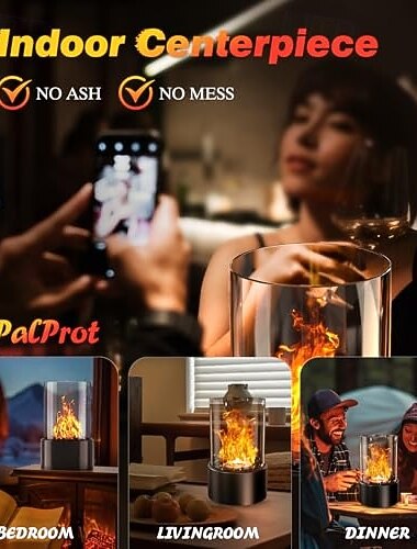  tafelmodel vuurkorf met glazen stenen, kleine ronde patiohaardkom met mat, draagbare woondecoratie, langdurige vlam, 2 vervangbare brandkamers