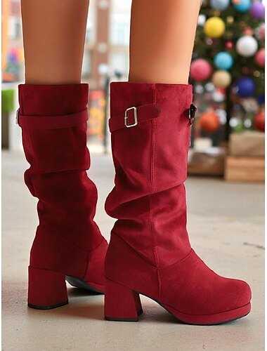  Dámské červené semišové kozačky s přezkou a robustním podpatkem, stylové a pohodlné, ideální na zimu, Vánoce a běžné nošení