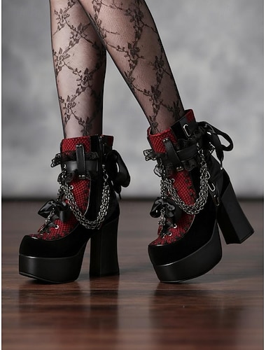 Botas femininas góticas plataforma – saltos de veludo com cadarço, correntes e fivelas para festas de Halloween, cosplay e punk   Botas femininas góticas plataforma – saltos de veludo com cadarço, correntes e fivelas para festas de Halloween, cosplay e punk