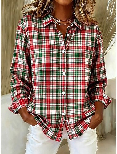  Dame Skjorte Bluse Grafisk Geometrisk Ruter Årgang Daglig Stilfull Langermet Skjortekrage Vanlige topper Daglig Lapper Knapper Trykt mønster Blå Gul Rosa Vin Rød Vår Høst Vinter