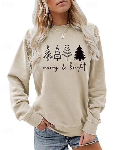  Χριστούγεννα Γυναικεία Μπλούζα Χριστουγεννιάτικο δέντρο Καθημερινό Μακρυμάνικο Στρογγυλή Ψηλή Λαιμόκοψη Κανονικά μπλουζάκια Αργίες Εξόδου Στάμπα Μαύρο Λευκό Κίτρινο Ανθισμένο Ροζ Χακί
