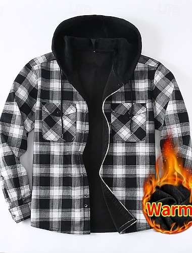  Per uomo Giacca-camicia Giacca camicia Giacca invernale Plaid Vacanza Abbigliamento quotidiano Bianco Rosso Blu Arancione Manica Lunga Con Cappuccio Autunno Inverno Abbigliamento Tasca Frontale