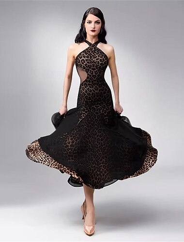  Damen Standard-Lateintanzkleid Leopardenmuster Neckholder Rückenfrei Tango Rumba Performance-Wettkampfkleid Eleganter fließender Rock – Schwarzbraun
