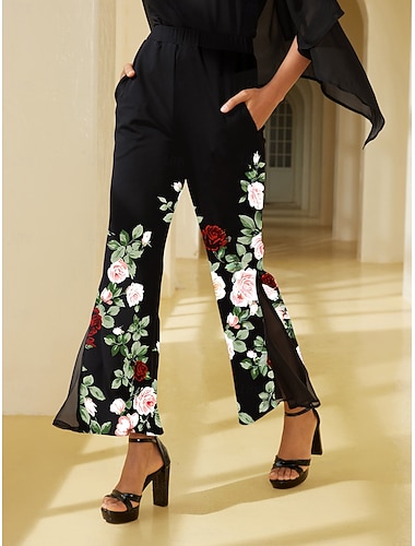  γυναικείο παντελόνι ελαστικό ύφασμα floral print σιφόν διαφανή πάνελ φαρδύ στο πόδι ελαστική μέση κομψό άνετο καθημερινή δουλειά φθινόπωρο