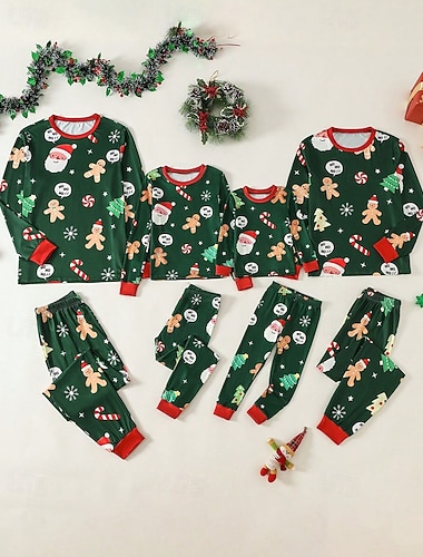  نظرة العائلة عيد الميلاد المجيد بيجامات عائلية لعيد الميلاد منامة مجموعات الأسرة الرسم بابا نويل الرجال الزنجبيل المنزل طباعة أخضر كم طويل يوميا ملابس مطابقة