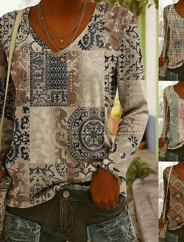  Жен. Футболка Богемия Винтаж На каждый день Длинный рукав V-образный вырез Обычные топы Повседневные Каштановый Розовый Пыльно-синий Хаки Весна Осень