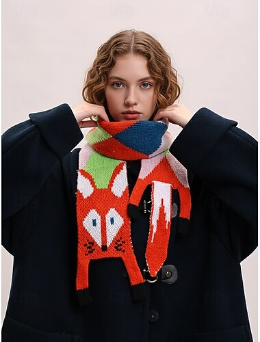  Gebreide vossensjaal voor dames, schattige winterse nekwarmer met dierenmotief, zachte, kleurrijke cartoonsjaal voor casual gebruik, outdoor- en vakantiecadeaus