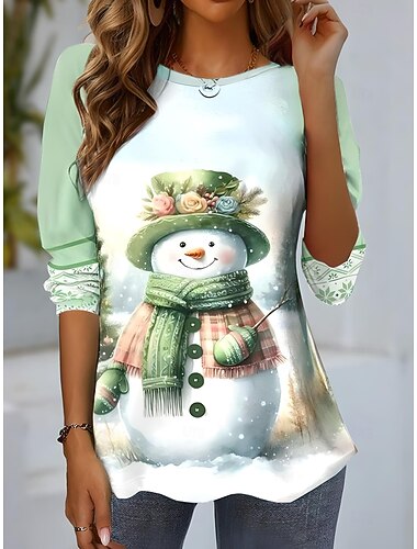 Weihnachten Damen T Shirt Grafik Schneemann Vintage Mode Stilvoll Langarm Rundhalsausschnitt Rundhals Normale Oberteile Täglich Wochenende Druck Hellgrün Rosa Rote Blau Orange Herbst Winter   Weihnachten Damen T Shirt Grafik Schneemann Vintage Mode Stilvoll Langarm Rundhalsausschnitt Rundhals Normale Oberteile Täglich Wochenende Druck Hellgrün Rosa Rote Blau Orange Herbst Winter