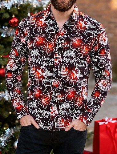  Święta Długie rękawy Koszula zapinana na guziki Oświetlenie bożonarodzeniowe Graficzny Zabawne Zabawny na Męskie Dla dorosłych Druk 3D  Do Święta Karnawał Nowy Rok Impreza