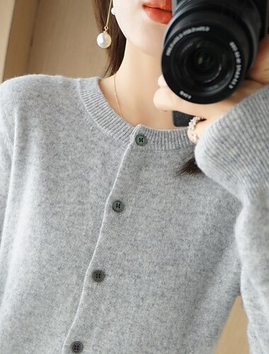  Per donna Felpa Cardigan Streetwear Casual Tinta unica Girocollo Lavorato a maglia Manica Lunga Top Regolari Maglia Quotidiano Ferie Uscire Nero Cachi Autunno Inverno