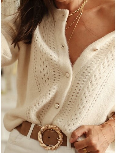  Dam Kofta Elegant Vintage Mode Virkad Rund hals Ihålig Långärmad Vanliga toppar Sticka Hem Helgdag Datum Beige Vår Höst