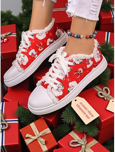  Sneakers da donna con stampa di Babbo Natale e fodera in peluche: stile natalizio accogliente, perfette per outfit casual natalizi e celebrazioni festive
