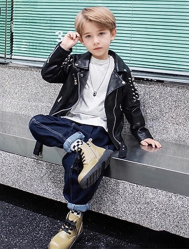 Детские Мальчики Черная кожаная куртка Жакет Верхняя одежда Полотняное плетение Длинный рукав Застегнуться ЗАЩИТА ОТ ВЛАГИ Защита от ветра Пальто Повседневные Мода На каждый день Черный Весна Осень   Детские Мальчики Черная кожаная куртка Жакет Верхняя одежда Полотняное плетение Длинный рукав Застегнуться ЗАЩИТА ОТ ВЛАГИ Защита от ветра Пальто Повседневные Мода На каждый день Черный Весна Осень