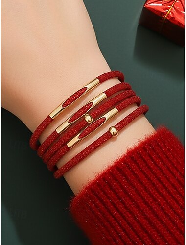  Damska, świąteczna, czerwona, wielowarstwowa bransoletka ze złotym zapięciem magnetycznym, błyszcząca, brokatowa biżuteria na przyjęcia świąteczne i świąteczne stylizacje