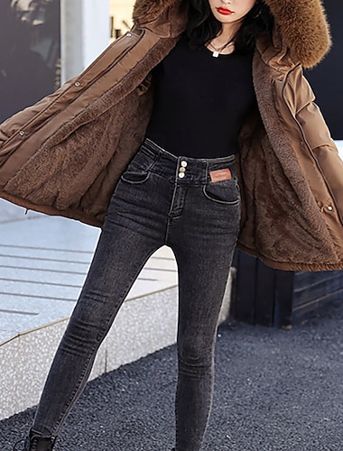  Női Télikabát Anorák Melegen tartani Kényelmes Fur Trim Cipzár Zseb Szőrme gallér Alkalmi Sima Vakáció Utca Hétköznapi Hétköznapi viselet Szokványos Kapucni Normál Hosszú ujj Felsőruházat Fekete