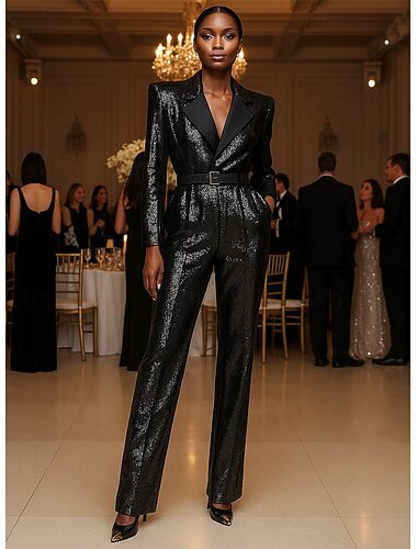  Mujer Trajes Mono Mono Formal Invitado a la boda Lentejuela Elegante Esmoquin Minimalista Manga Larga Hasta el Suelo Solapas con muescas Botonadura Doble