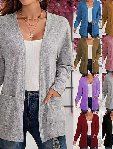  女性用 ニット カーディガン エレガント ストリートファッション カジュアル 純色 Ｖネック ポケット ニット 長袖 ロングトップス ニット 日常 祝日 お出かけ ブラック ピンク 秋 冬