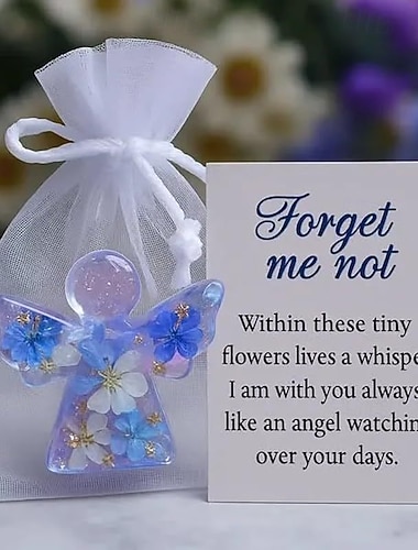  Ange en fleurs séchées myosotis, souvenir précieux, cadeau avec sachet en organza et carte de condoléances, idéal comme décoration pour fenêtre, sapin de Noël ou ornement commémoratif.