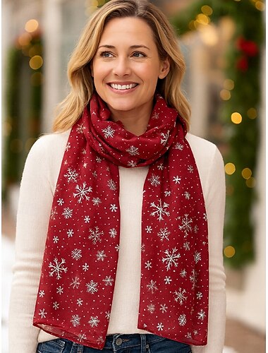  Julesnøfnuggskjerf til dame, festlig rødt og hvitt design med metalliske snøflak, mykt polyestermateriale, perfekt for høytidsfester og vinterklær