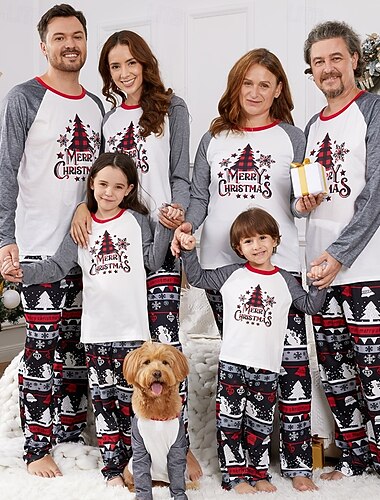  Familiestil Jul Julefamiliepyjamas Pyjamas Familiesett Grafisk Juletre Hjem Lapper Grå Langermet Daglig Matchende antrekk