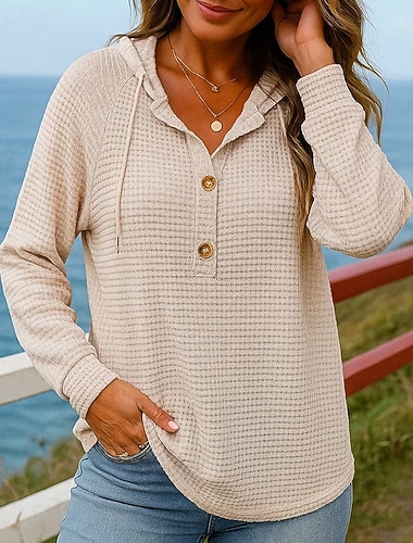  בגדי ריקוד נשים אחיד חולצות קז'ואל קפוצ'ון עם סוודר סתיו כפתורים שרוול ארוך בגדי ספורט ומנוחה חוץ נסיעות ספורטיבי שחור ורוד מסמיק כחול בגדי ספורט לבוש אקטיבי