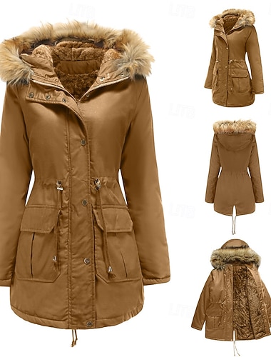  Női Anorák Kényelmes Légáteresztő Zseb Gombok Szőrme gallér Alkalmi Sima Vakáció Utca Hétköznapi Hétköznapi viselet Cipzár Szokványos Kapucni Normál Hosszú ujj Felsőruházat Fekete Bor Khakizöld