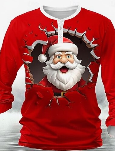  Муж. Новогодняя тематика Дед Мороз Рубашка Хенли Длинный рукав Мода Симпатичные Стиль Повседневные Повседневные Праздники На выход Зима Весна & осень Красный Хенли Футболка Хенли