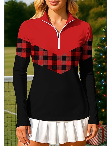  Dame Fargeblokk Rutet rutete Polo genser Topper قميص Sportsskjorte Langermet Trykt mønster Quarter Zip Pullover UPF50+ UV-bestandig UV Beskyttelse Elastisk Pustende Volleyball Tennis Golf Høy krage