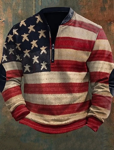  男性用 アメリカの米国旗 プリント スウェットシャツ クォータージッパースウェットシャツ トレーナー 長袖 トレーナー ハーフジッパー 現代コンテンポラリー ヴィンテージレトロ プリント 祝日 お出かけ 祭り プリント 秋 冬