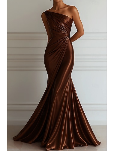 Платье вечернее русалка/трубочка Элегантное платье Формальное свадебное платье до пола без рукавов с одним плечом из растягивающегося сатина со складками   Платье вечернее русалка/трубочка Элегантное платье Формальное свадебное платье до пола без рукавов с одним плечом из растягивающегося сатина со складками