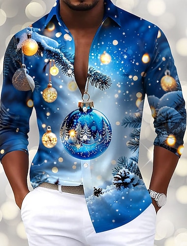  Natale Per uomo Fiocco di neve Luci natalizie Palline di Natale Camicia Camicia in raso Camicia elegante Manica Lunga Moda Casual Feste Ferie Estate Primavera Autunno Collo ripiegato Stampa 3D