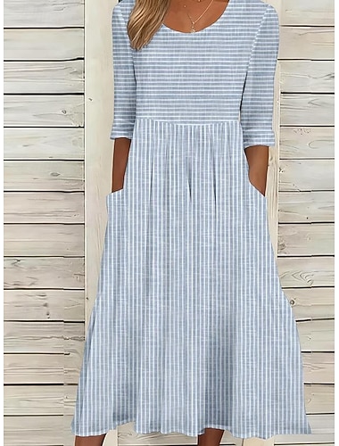  Per donna Abito Midi Vestito Casual Abito a trapezio Elegante Casual Vacanza Quotidiano Vestibilità comoda A righe Manica Corta Girocollo Grigio Azzurro Estate Primavera