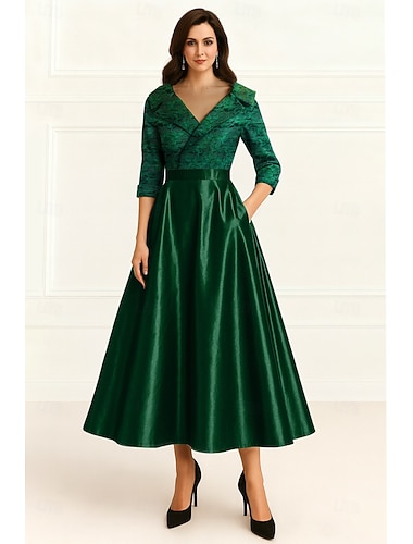  A-linja Polven yli Juhlamekko Coctail-asu Leveähelmainen mekko 3/4 hiha V kaula-aukko Tyylikäs Muodollinen Häävieras Polyesteri Morsiammen äidin asu kanssa Puoliksi laskostettu