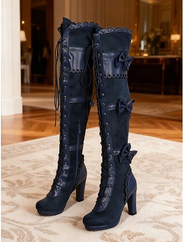  női viktoriánus stílusú kék fűzős, combközépig érő, masnikkal ellátott csizma - 1920-as évekbeli vintage velúr magas sarkú csizma mindennapi használatra, karneváli és parti alkalmakra