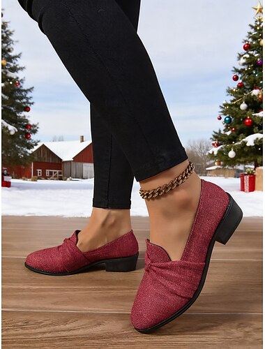  Dámské mokasíny s červenou mašlí na nízkém podpatku – elegantní tvídové nazouvací boty, pohodlná zimní módní obuv na Vánoce, do práce i na každodenní outfity