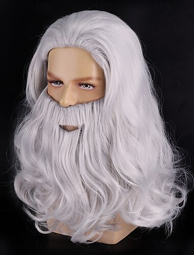  Parrucca e barba bianca lunga e riccia da uomo, set da vecchio, costume da mago di Babbo Natale, accessorio per feste in cosplay