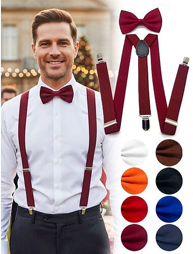  Herrset med hängslen och fluga i polyester, flera färger, perfekt för jul och formella evenemang
