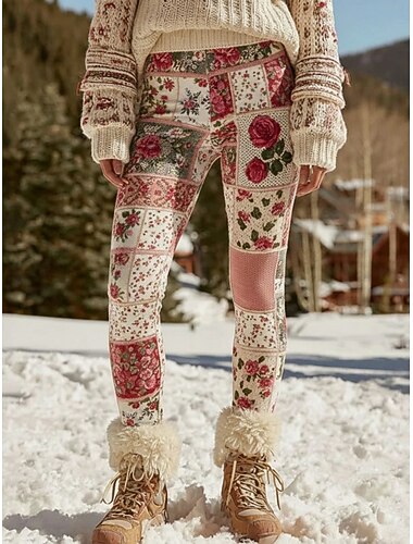  نسائي طماق بنطال ضيق مريح العطلة عتيق النمط العرقي مكتمل الطول خصر عالي ورد منقوش طبع مريح قابل للبسط عطلة فضفاض مناسب للبس اليومي وردي بلاشيهغ الربيع الخريف الشتاء قياس نحيل