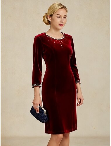  שמלת מיני לנשים לחג המולד שמלת מעטפת אלגנטית מסיבה מסיבת קוקטייל גזרה רגילה חרוזים שרוולים באורך 3/4 צווארון עגול שחור יין חציל סתיו