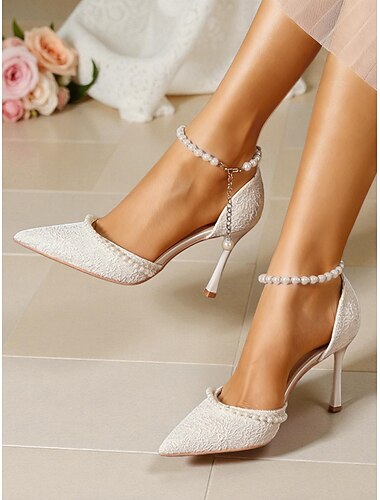 女性用レースパールアンクルストラップヒール - 結婚式やブライダルイベントに最適なエレガントなポインテッドトゥスティレットパンプス &カクテルパーティー