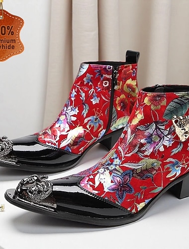  Herrestøvler i blomstermønstret lakkskinn med hjertedetaljer – stilig og unikt fottøy til kveldsfester, motearrangementer og spesielle sammenkomster