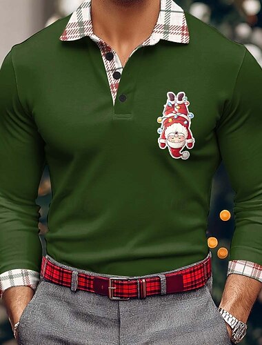 عيد الميلاد المجيد رجالي بابا نويل بولو ستايل كم طويل قمصان البولو Lapel كاجوال الأماكن المفتوحة مناسب للبس اليومي ملابس المهرجان طباعة ثلاثية الأبعاد Buttons الربيع الخريف الشتاء أزرق أسود أحمر