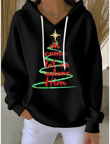  Γυναικεία Φούτερ πουλόβερ με κουκούλα και πουλόβερ Γραφική Χριστουγεννιάτικο δέντρο Καθημερινό Μακρυμάνικο Με Κουκούλα Κανονικά μπλουζάκια Καθημερινή Ένδυση Causal Αθλητικά Μαύρο Λευκό Ρουμπίνι