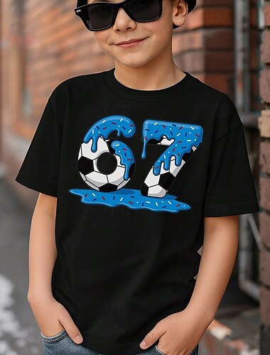  Bomull Barn Gutt Svart Hvit Grafisk Fotball Morsom slang 67 T skjorte Bluse Crew-hals Kortermet utendørs Hverdag Mote Gatemote Designer Printer Sommer