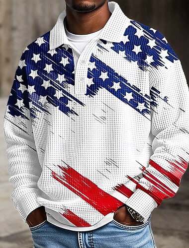  4. července 2026 250. Pánské Americká americká vlajka Pólo S texturou Dlouhý rukáv Polo tričko Klopa Na běžné nošení Oblečení na atletiku Denní nošení 3D tisk Jaro Podzim Zima Bílá 1 Bílá 2