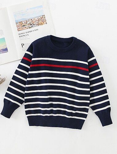  Bambini Ragazzi Pullover Maglione A righe Manica Lunga Girocollo All'aperto Moda Blu marino Autunno Vestiti 4-12 Anni
